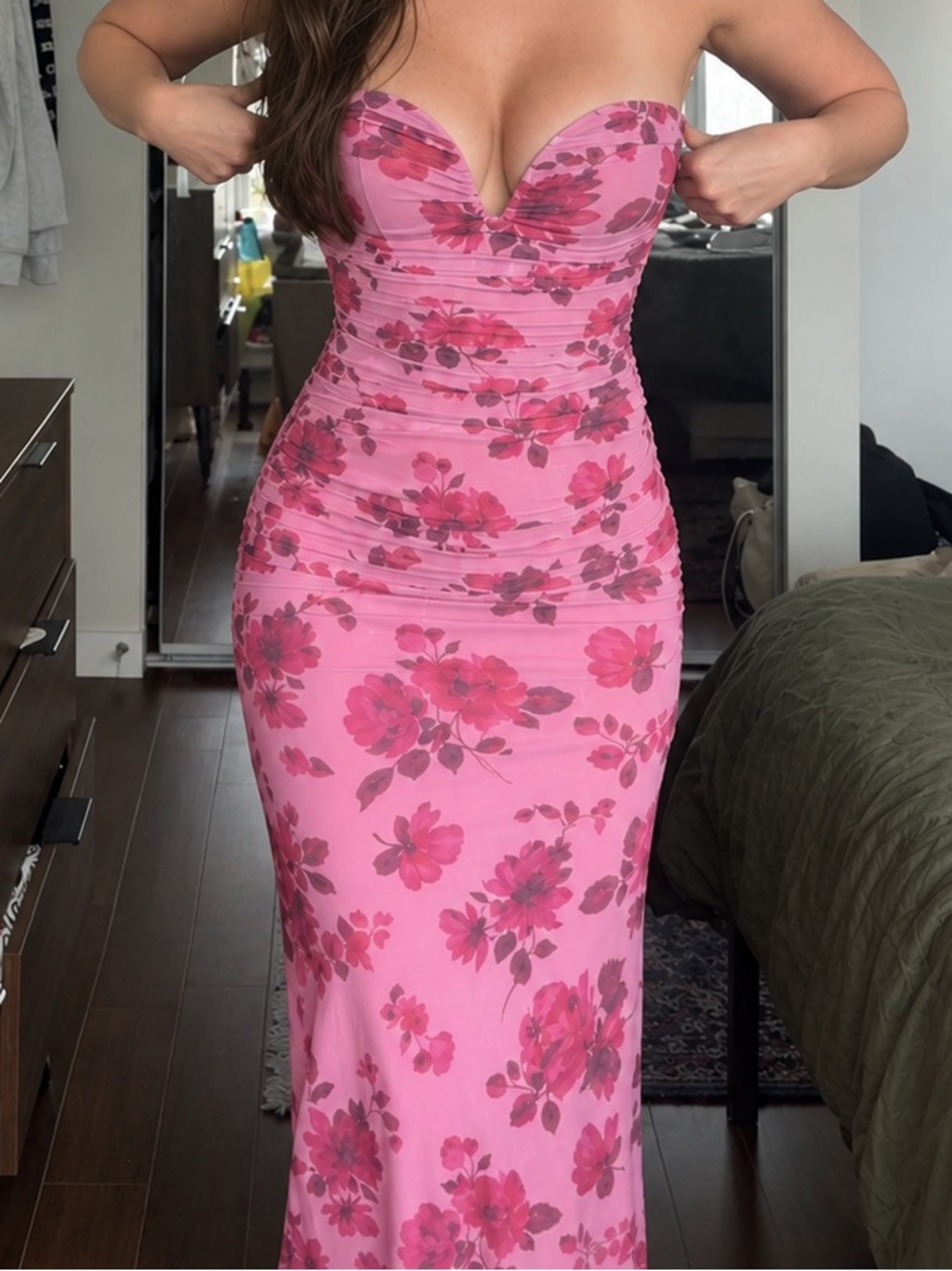Strapless Ruched Floral Maxi Dress (Dynamite)